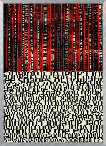Red Stripes and Fragmented Text | Poster - Silver Frame Interior
