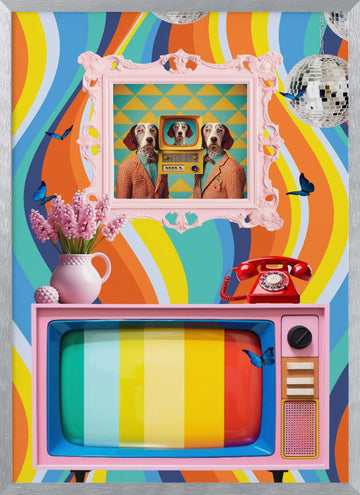 Colorful Retro Dog Scene | Poster - Silver Frame Interior