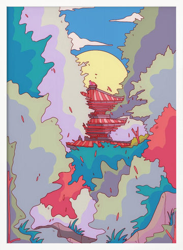 Moonlit Fantasy Pagoda | Poster - White Frame Interior