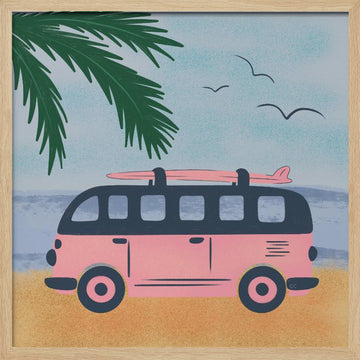 Pink Beach Camper | Poster - Wood Frame Interior