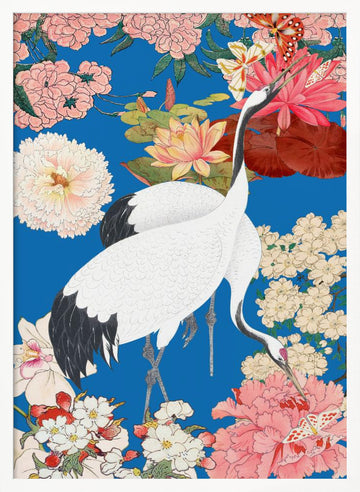 Japanese Cranes Floral Art | Poster - White Frame Interior