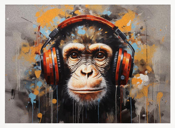 Chimpanzee with Headphones | Poster - White Frame Interior