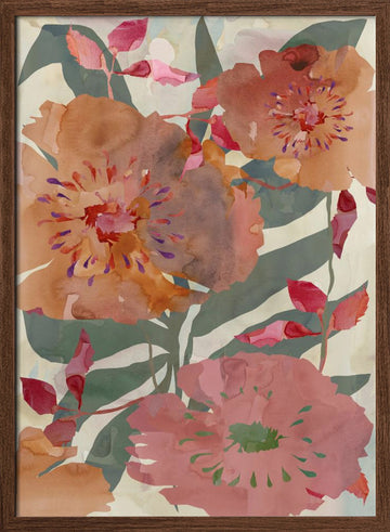 Warm Floral Blooms | Poster - Walnut Frame Interior