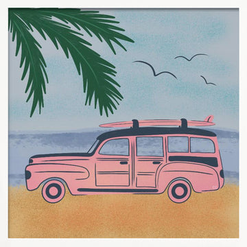 Pink Beach Surfer Car | Poster - White Frame Interior
