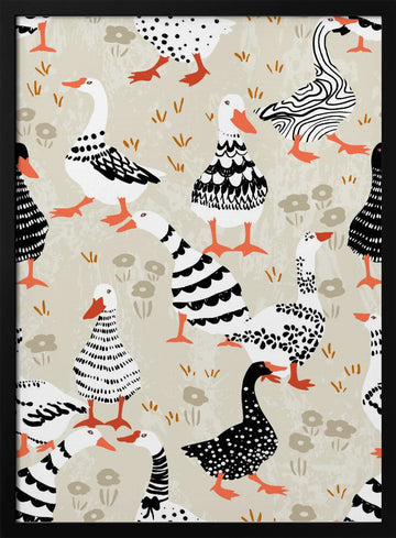 Whimsical Patterned Geese | Poster - Black Metal Frame Interior