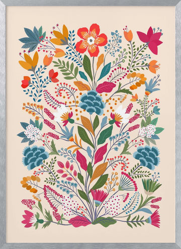 Folk Art Flower Garden | Poster - Silver Frame Interior