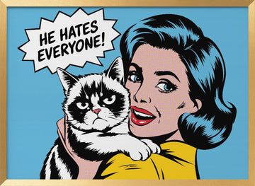 Cheerful Woman Grumpy Pet | Poster - Gold Frame Interior