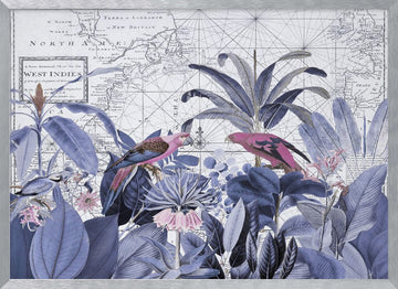 Pink Parrots Tropical Map | Poster - Silver Frame Interior