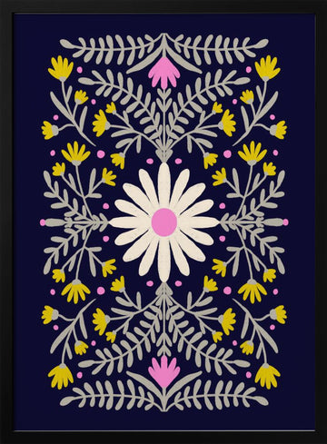 Folk Art Daisy Pattern | Poster - Black Metal Frame Interior