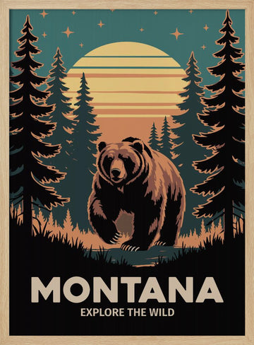 Grizzly Bear Forest Sunset | Poster - Wood Frame Interior