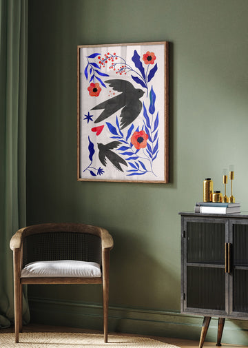 Black Swallows Blue Botanicals | Poster - Room Interior 2