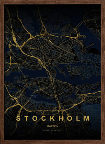 Golden Stockholm Map | Poster - Walnut Frame Interior