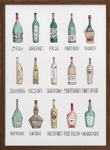 Wine Bottle Medley | Poster - Walnut Frame Interior