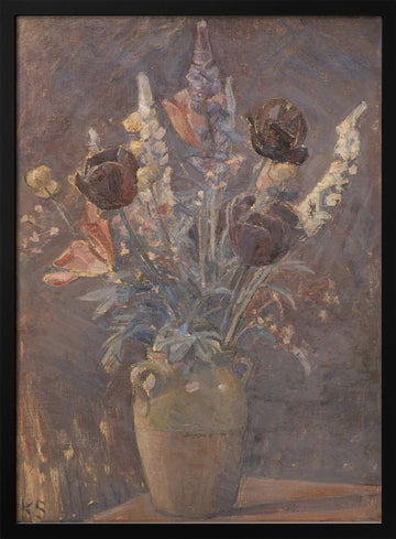 Clay Vase With Tulips and Other Flowers By Karl Schou | Poster - Black Metal Frame Interior