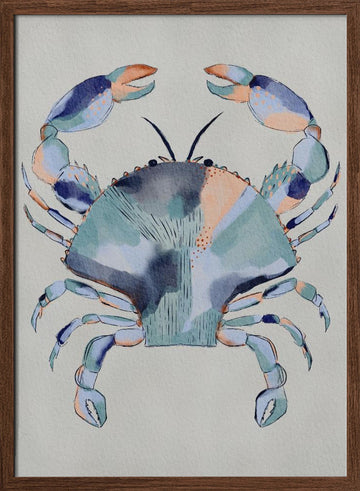 Coastal Blue Crab Painting | Poster - Walnut Frame Interior
