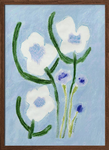 Blue Pastel Flowers | Poster - Walnut Frame Interior