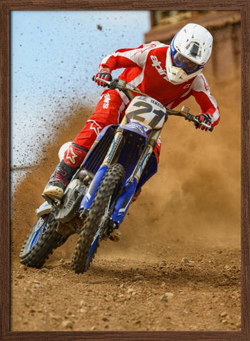 Motocross Rider Kicking Dust | Poster - Walnut Frame Interior