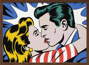 Romantic Comic Kiss | Poster - Walnut Frame Interior