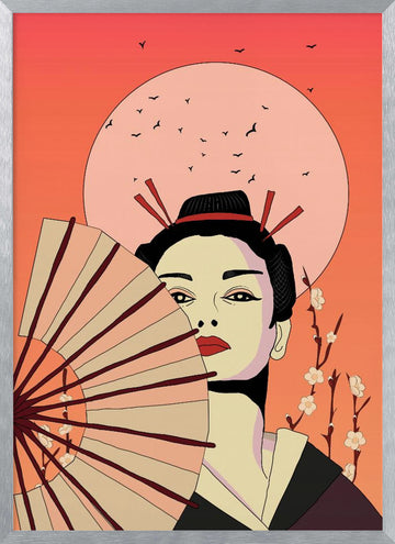 Japanese Geisha with Fan | Poster - Silver Frame Interior