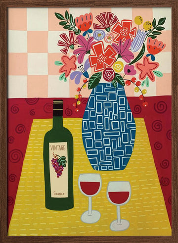Vibrant Wine and Flowers | Poster - Walnut Frame Interior