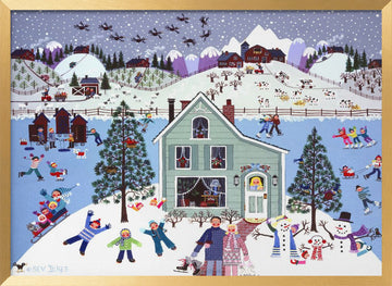 Joyful Winter Village Scene | Poster - Gold Frame Interior