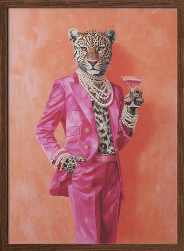 Leopard Pink Suit Martini | Poster - Walnut Frame Interior