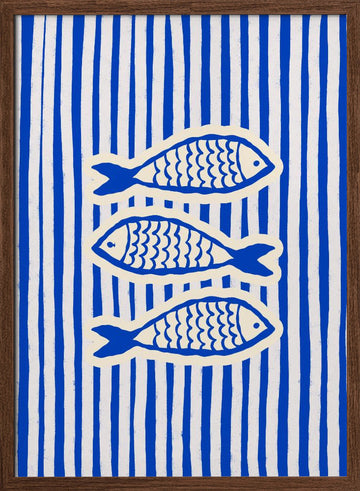 Three Blue Fish | Poster - Walnut Frame Interior