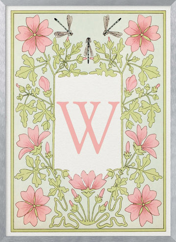 Pink Floral Letter W | Poster - Silver Frame Interior