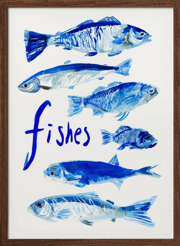 Painted Blue Fishes | Poster - Walnut Frame Interior