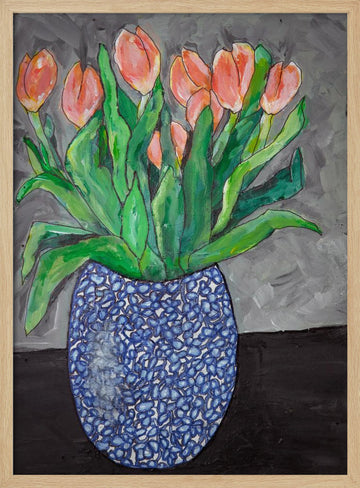 Vibrant Tulips In Blue Vase | Poster - Wood Frame Interior