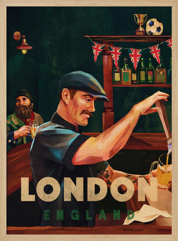 London England Pub Bartender | Poster - Wood Frame Interior