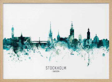 Stockholm Watercolor Skyline | Poster - Wood Frame Interior