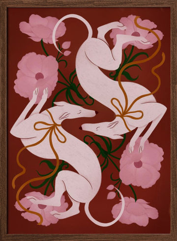Elegant Greyhounds and Flowers | Poster - Walnut Frame Interior