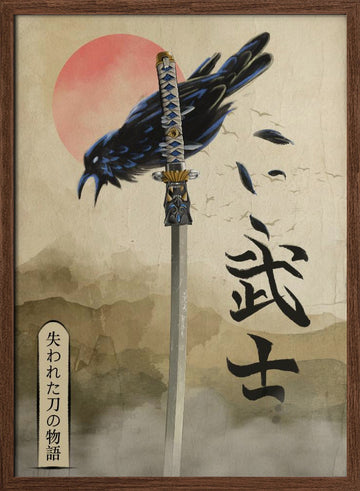 Samurai Crow Red Sun | Poster - Walnut Frame Interior
