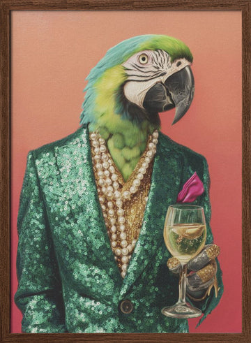 Dapper Parrot with Wine | Poster - Walnut Frame Interior