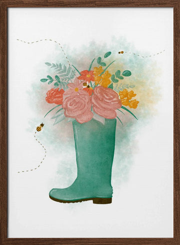 Whimsical Floral Boot | Poster - Walnut Frame Interior