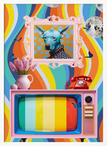 Colorful Groovy Blue Dog | Poster - White Frame Interior