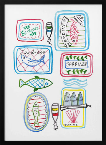 Whimsical Sardine Cans | Poster - Black Metal Frame Interior
