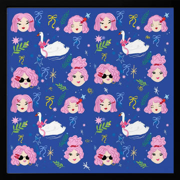 Whimsical Girls Swans Pattern | Poster - Black Metal Frame Interior