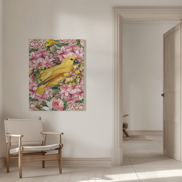 Yellow Parrot Tropical Flowers | Canvas - Room Interior 1