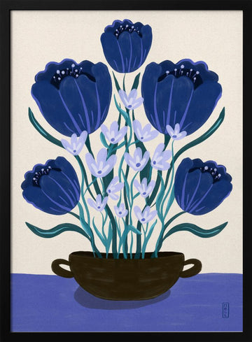 Blue Floral Arrangement | Poster - Black Metal Frame Interior