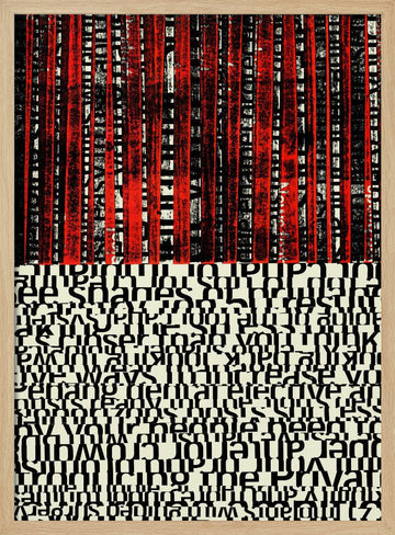 Red Stripes and Fragmented Text | Poster - Wood Frame Interior