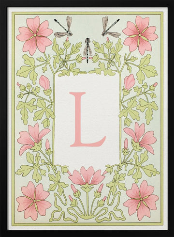 Pink Floral Letter L | Poster - Black Metal Frame Interior