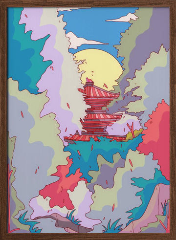 Moonlit Fantasy Pagoda | Poster - Walnut Frame Interior