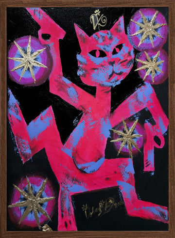 Vibrant Neon Cat | Poster - Walnut Frame Interior