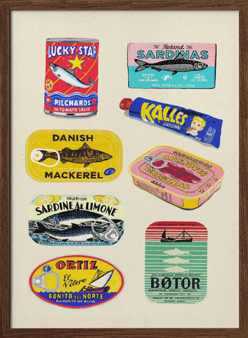 Vintage Seafood Cans | Poster - Walnut Frame Interior
