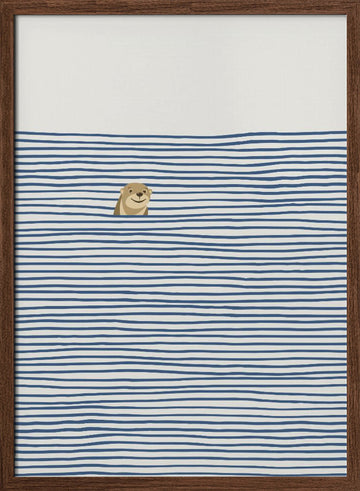 Happy Otter In Stripes | Poster - Walnut Frame Interior