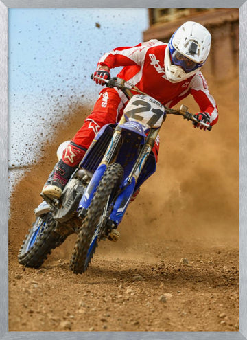Motocross Rider Kicking Dust | Poster - Silver Frame Interior