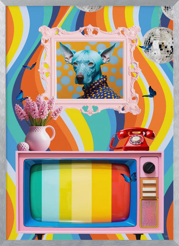 Colorful Groovy Blue Dog | Poster - Silver Frame Interior