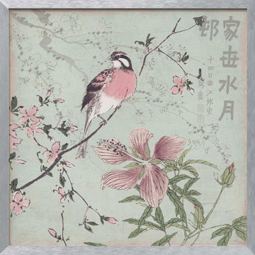 Pink Bird Cherry Blossoms | Poster - Silver Frame Interior